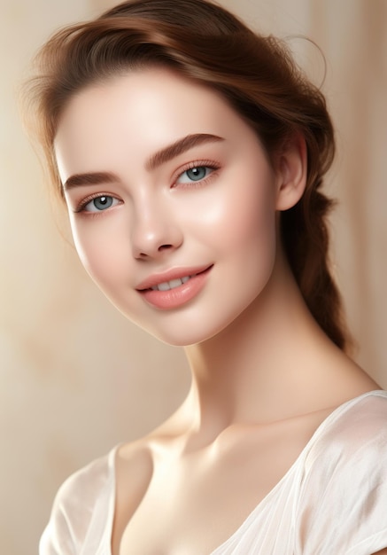 Ritratto Concetto di cura della pelle di giovane bella donna con pelle luminosa isolata su fondo beige