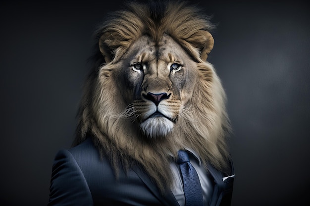 Ritratto d'affari di un uomo leone in giacca e cravatta su uno sfondo scuro l'energia di un leader e leader forza e fiducia la bestia IA generativa