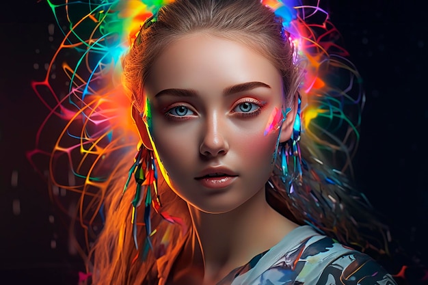 Ritratto d'arte astratto di una ragazza bionda con punti salienti colorati sui suoi capelli AI generativa