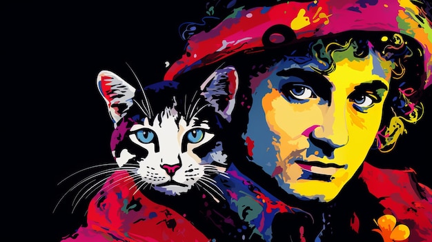 Ritratto d'arte pop colorato di uomo e gatto Luminismo Crimson Animali che gocciolano vernice