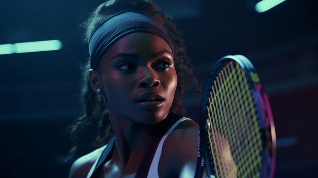 Ritratto d'azione di una donna che si allena per una partita di tennis, un'atleta sicura e concentrata