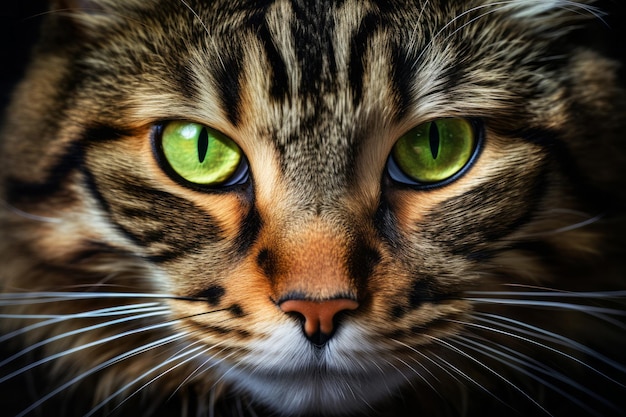 Ritratto da primo piano di gatto marrone con strisce e grandi occhi verdi Concetto di natura selvaggia
