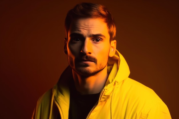 Ritratto da sogno dell'uomo caucasico isolato su sfondo giallo studio in luce al neon mista bello