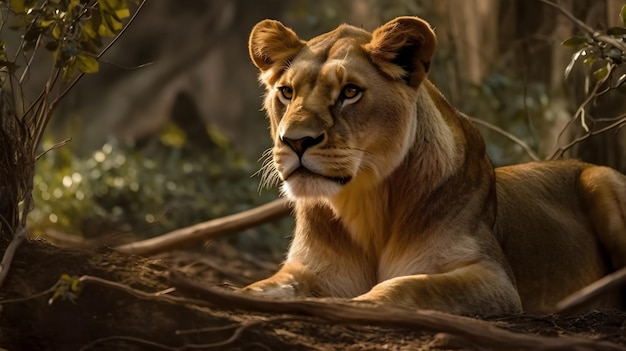 Ritratto da vicino dalla faccia laterale feroce carnivoro femmina leone seduto e riposato fisso o guardando dritto in avanti sullo sfondo del deserto della savana