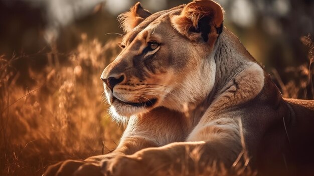 Ritratto da vicino dalla faccia laterale feroce carnivoro femmina leone seduto e riposato fisso o guardando dritto in avanti sullo sfondo del deserto della savana
