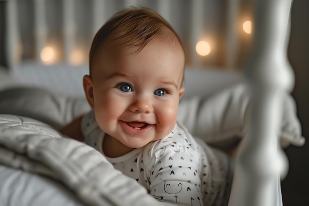 ritratto da vicino di un adorabile bambino biondo a letto con sfondo sfocato