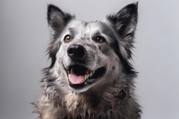 Ritratto da vicino di un cane grigio carino e divertente che sorride su uno sfondo bianco isolato una bella foto di un cane