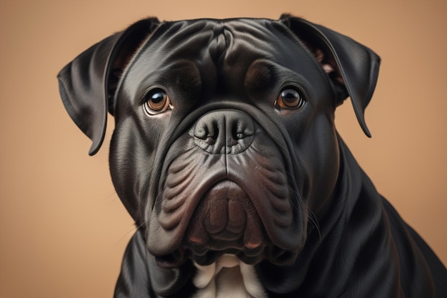 Ritratto da vicino di un carino cane nero su uno sfondo arancione ai generativo