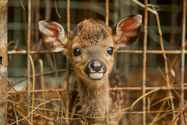 Ritratto da vicino di un carino giovane fauno con occhi grandi che sbircia attraverso una recinzione metallica in una natura selvaggia