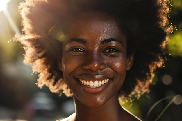 Ritratto da vicino di una bella donna afroamericana che sorride all'aperto