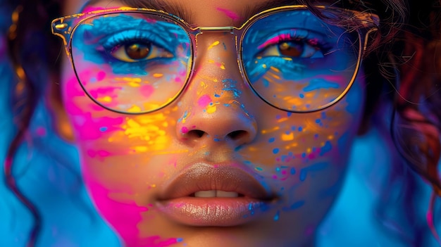 Ritratto da vicino di una bella giovane donna afroamericana che indossa occhiali con trucco creativo