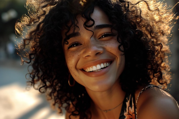 Ritratto da vicino di una bella giovane donna afroamericana con i capelli ricci