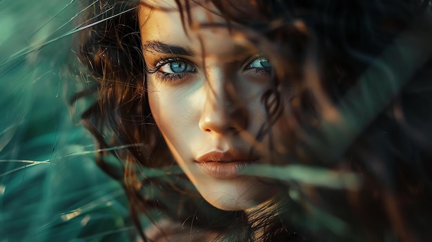 Ritratto da vicino di una bella giovane donna con gli occhi blu e i capelli lunghi e scuri
