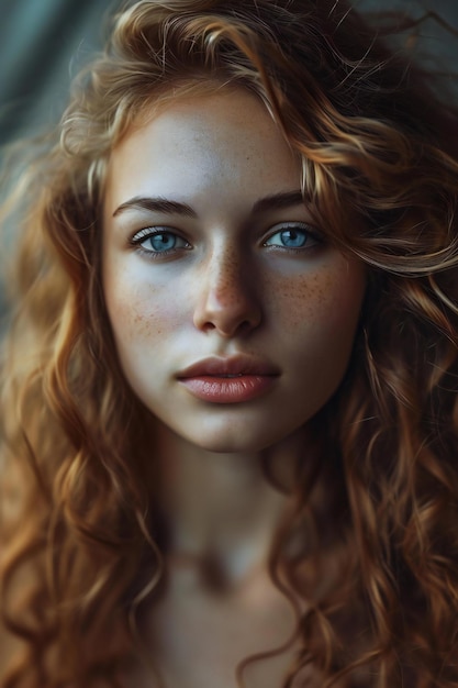 Ritratto da vicino di una bella giovane donna con i capelli rossi ricci
