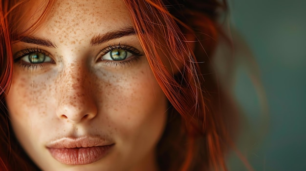 Ritratto da vicino di una bella giovane donna con le freccette, i capelli rossi e gli occhi verdi
