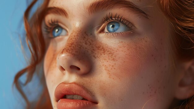 Ritratto da vicino di una bella giovane donna con le freccette sul viso e gli occhi blu