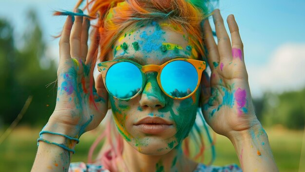 Ritratto da vicino di una bella giovane donna ricoperta di vernice colorata
