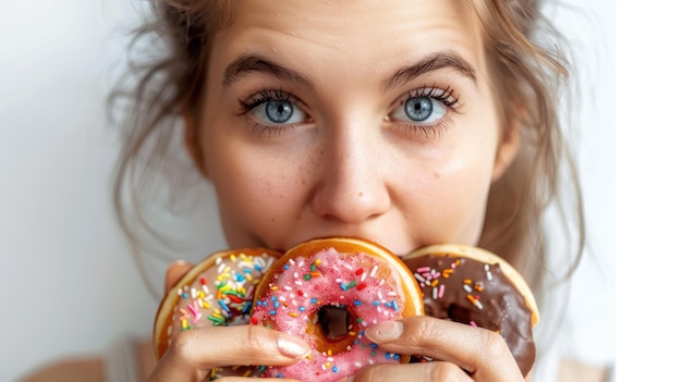 Ritratto da vicino di una ragazza avida e affamata che mangia ciambelle isolata su uno sfondo bianco