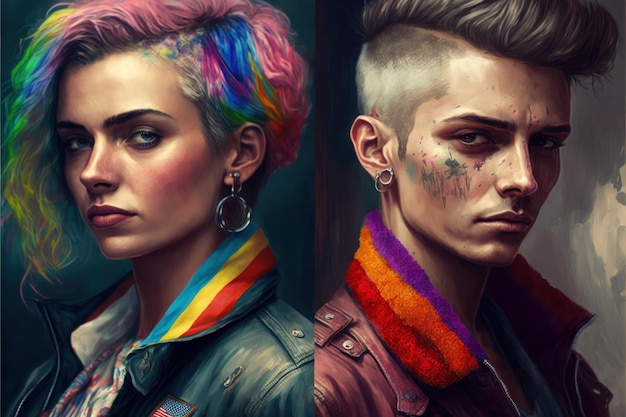 Ritratto dei diritti delle lesbiche di due donne Bella immagine colorata Concezione del ritratto umano IA generativa