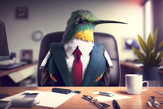 Ritratto del colibrì in tailleur alla scrivania dell'ufficio ai generativo