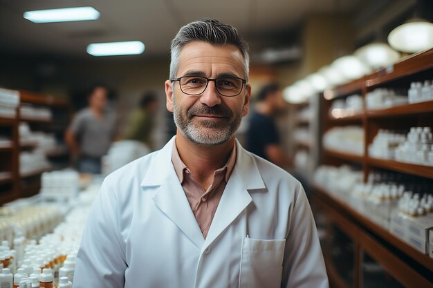 ritratto del farmacista uomo di mezza età in veste bianca in farmacia