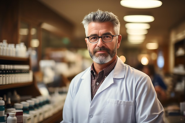 ritratto del farmacista uomo di mezza età in veste bianca in farmacia