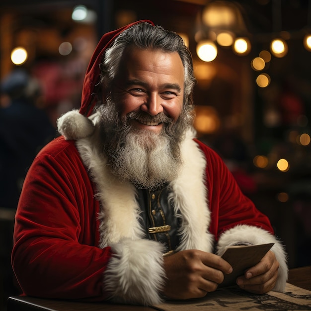 Ritratto del felice Babbo Natale seduto nella sua stanza a casa vicino all'albero di Natale e al sacco grande e che legge la lettera di Natale o la lista dei desideri