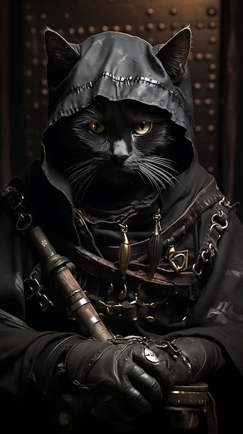 Ritratto del gatto furtivo Bombay Ninja Pirate Costume Maschera Cappuccio nero Collezioni di arti animali