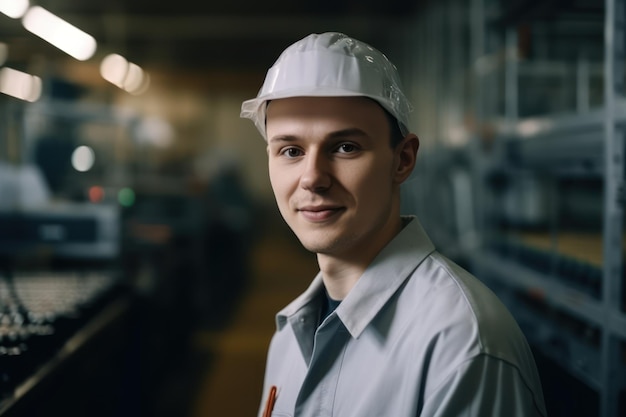 Ritratto del lavoratore industriale dell'uomo caucasico che lavora nel magazzino della fabbrica attraente maschio industriale e