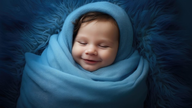 Ritratto del neonato sorridente avvolto in una coperta blu