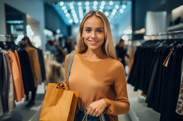 ritratto del primo piano del cliente femminile soddisfatto della fashionista con i sacchetti di carta