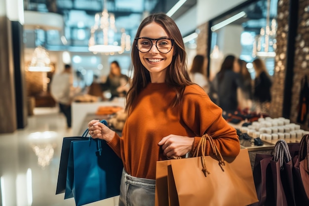 ritratto del primo piano del cliente femminile soddisfatto della fashionista con i sacchetti di carta