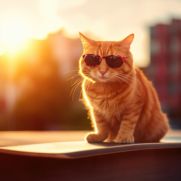 Ritratto del primo piano del gatto zenzero divertente che indossa gli occhiali da sole animale domestico Ai generativo