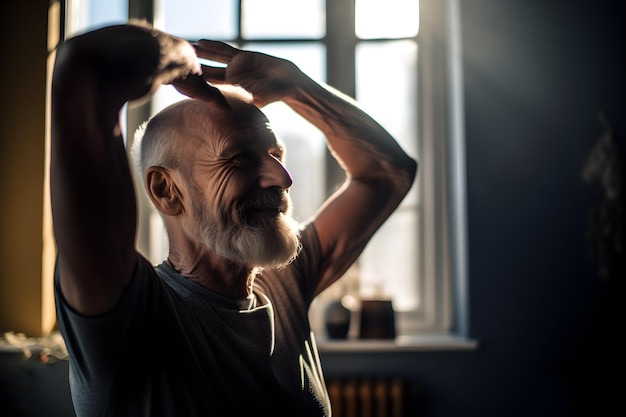 Ritratto del primo piano dell'uomo anziano che fa esercizi di stretching durante una tranquilla sessione di yoga a casa