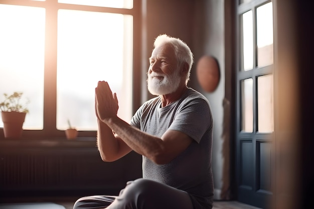 Ritratto del primo piano dell'uomo anziano che fa esercizi di stretching durante una tranquilla sessione di yoga a casa