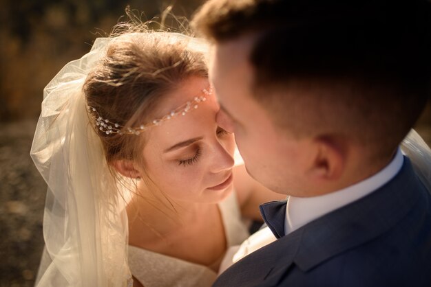 Ritratto del primo piano della sposa e dello sposo un momento prima del bacio.