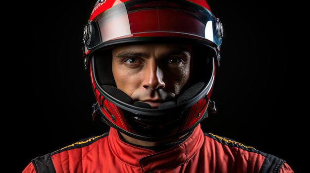 Ritratto del primo piano di un corridore maschio in un casco rosso IA generativa