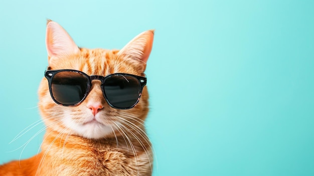 Ritratto del primo piano di un divertente gatto rosso che indossa occhiali da sole isolati su ciano chiaro AI generativo