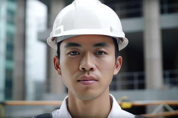 Ritratto del primo piano di un operaio edile asiatico in un elmetto protettivo bianco davanti a una casa in costruzione IA generativa