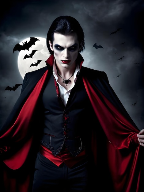 Ritratto del primo piano di un vampiro spaventoso in una stanza buia Halloween