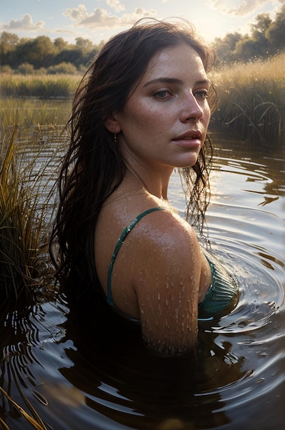 ritratto del primo piano di una bella donna che bagna in un fiume