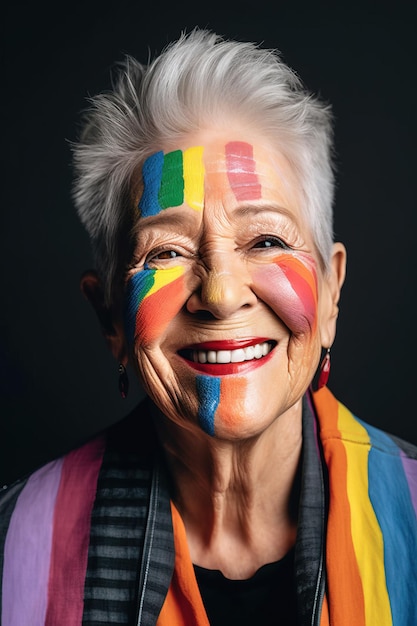 Ritratto del primo piano di una donna anziana con i capelli bianchi che sorride gioiosamente indossando il trucco nei colori della bandiera LGBTQ Fotografia in studio su sfondo nero Gay Pride