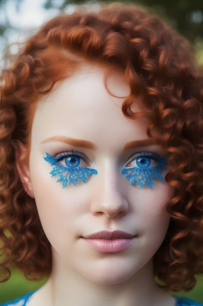 Ritratto del primo piano di una donna riccia rossa con gli occhi azzurri ai generativa