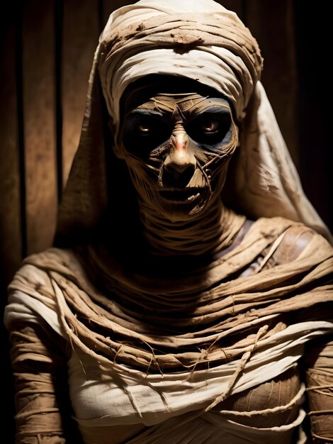 Ritratto del primo piano di una mummia spaventosa nel buio del film horror di Halloween