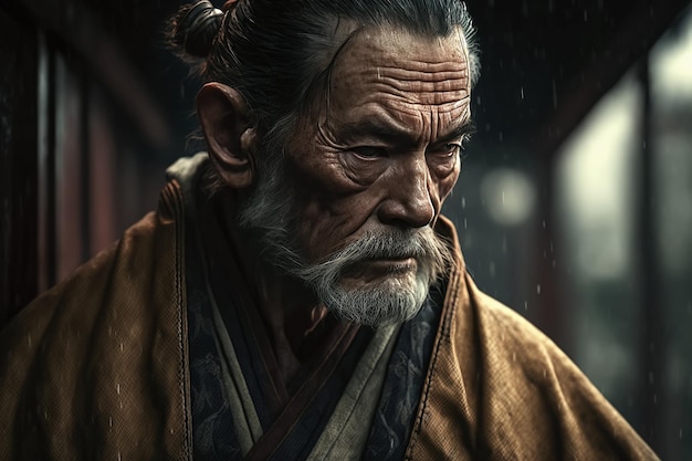 Ritratto del vecchio guerriero samurai giapponese nel tradizionale kimono asiatico in città sotto la pioggia IA generativa