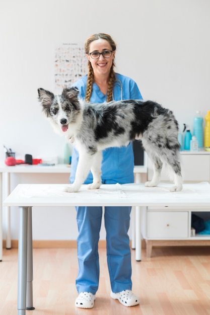 Ritratto del veterinario sorridente con il cane sulla tavola nella clinica