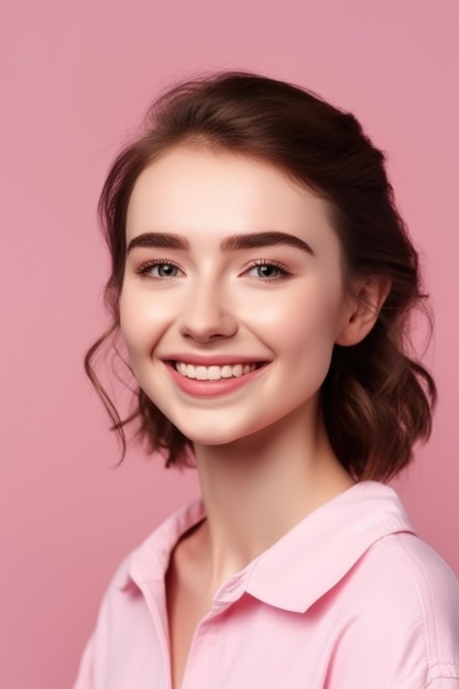 Ritratto del volto di donna e sorriso su uno spazio mockup di sfondo rosa con trucco o cosmetici