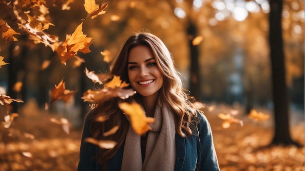 Ritratto del volto di una donna sorridente felice in autunno AI generativa