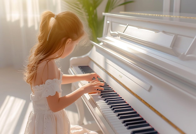 Ritratto dell'artista donna uomo sposa bambino che suona il pianoforte