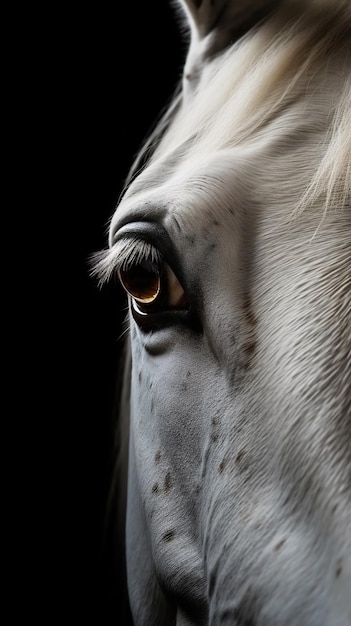 Ritratto dell'occhio del cavallo bianco del primo piano dell'animale su sfondo scuro Ai generato